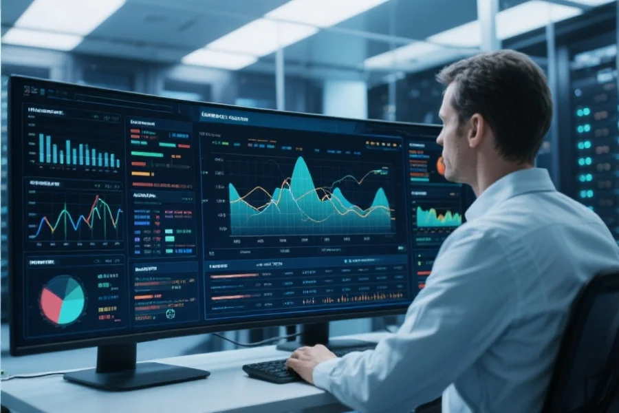 一位工程师在数据中心监控实时开奖数据流，屏幕上显示复杂的数据可视化图表，环境高科技、现代感