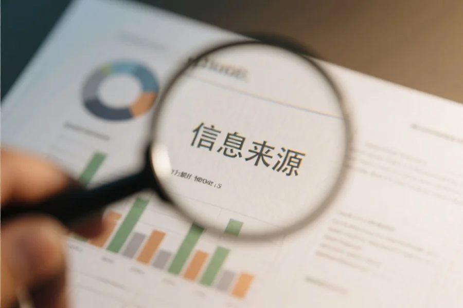 放大镜聚焦在一份带有数据和来源说明的文档上，突出显示“信息来源”字样，背景模糊