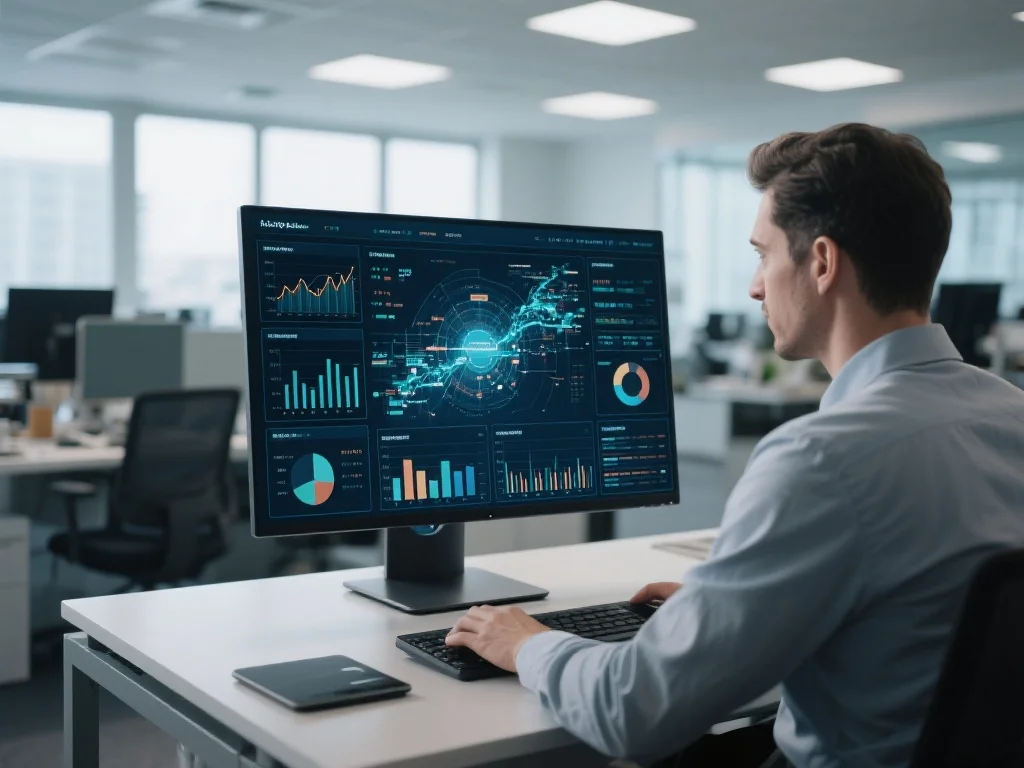 商务人士在电脑前查看数据