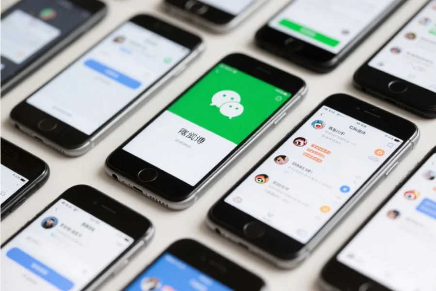 多部智能手机并排放置，屏幕分别显示微信和微博的用户界面，突出信息推送和互动功能